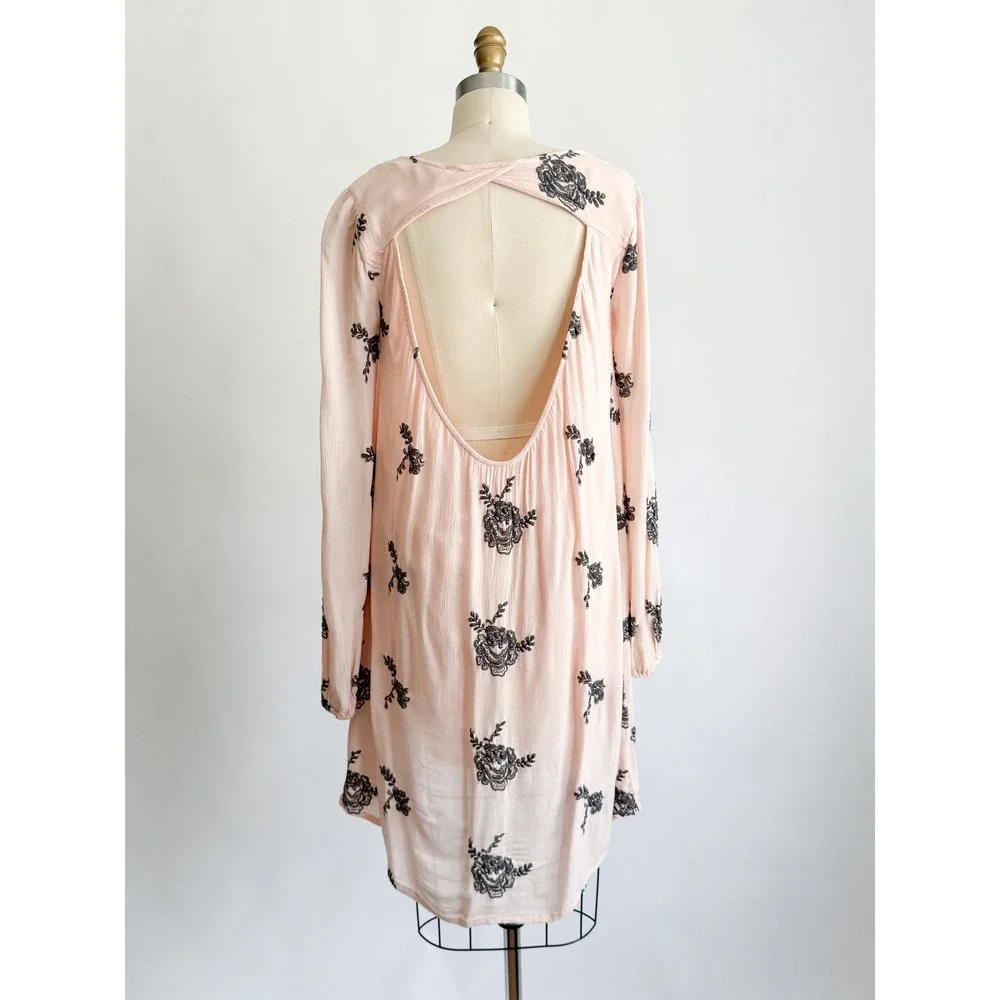 Free People Tunic Dress Embroidered Boho Open Back‎ S Pink Floral High Low Rayon